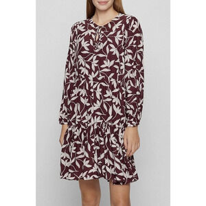 Boss Dress Womens 4 Red Leaf Print Tiered Swing Long Sleeve Silk Blend Decento